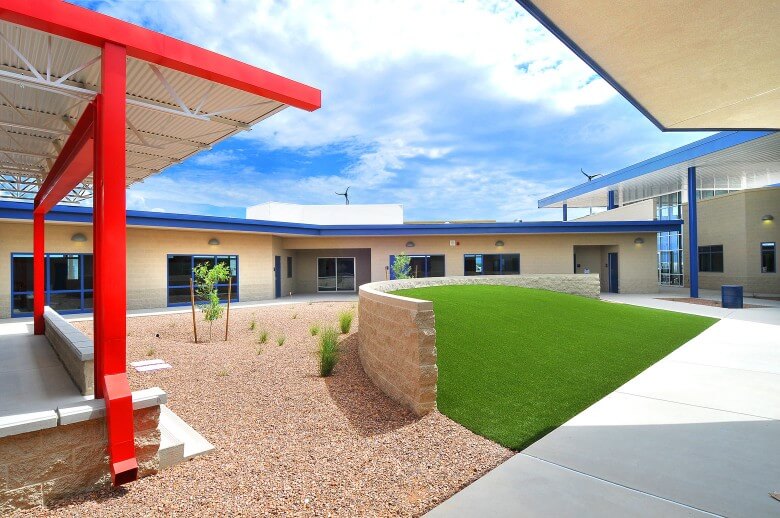 A courtyard at a high school created by the architectural design team at Swaim Associates